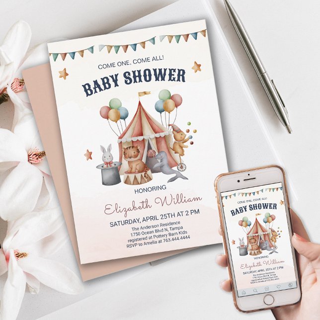 Roligt Circus Animal Boy Baby Shower Inbjudningar (Fun Circus Animal Baby Shower Invite)