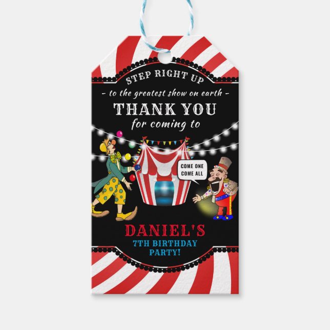 Roligt Circus Kids | Carnival Birthday Tack Presentetikett (Framsidan)