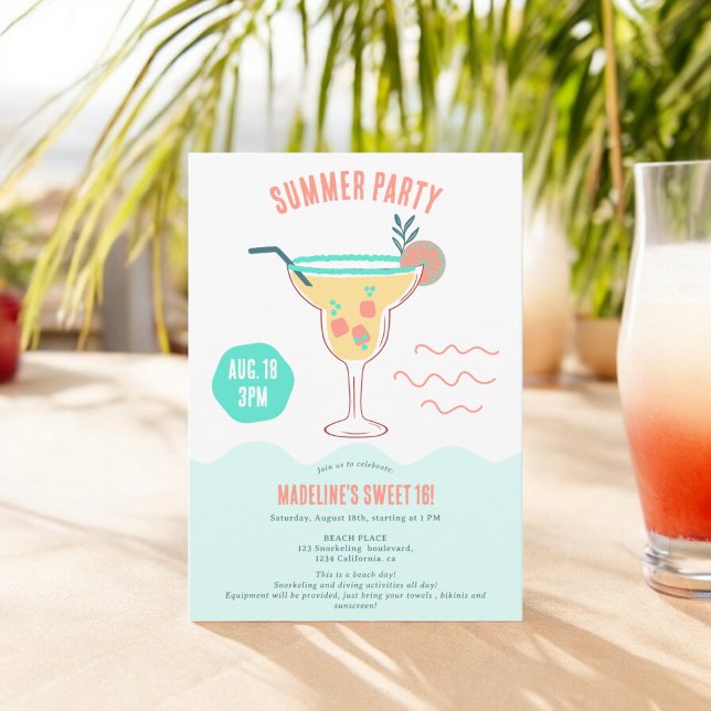 Roligt Cocksvans illustration Sönstrand Söt 16 Inbjudningar (Fun Cocktail illustration summer beach Sweet 16 Invitation)