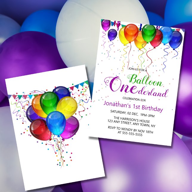 Roligt Colorful Balloon Wonderland 1st Birthday Inbjudningar (Skapare uppladdad)