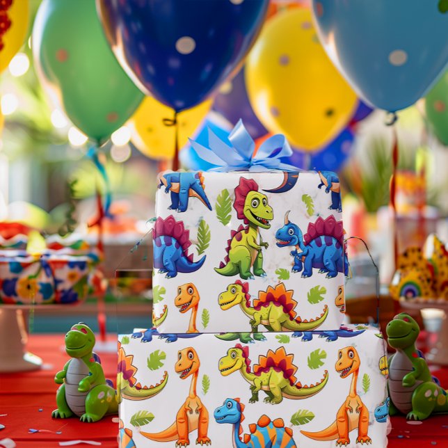 Roligt Colorful Dinosaur Thmet Dino-Mite Presentpapper (Festive Dinosaur Gift Wrap)