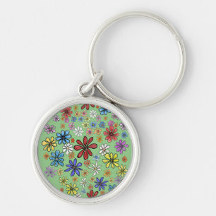 Roligt Colorful Flowers-etikett Rund Silverfärgad Nyckelring