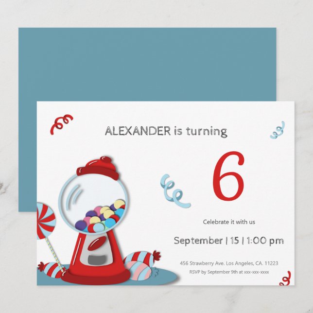 Roligt Colorful Gumball Maskin Barns födelsedag Pa Inbjudningar (Fram/baksida)