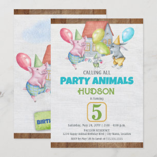Roligt Colorful Party Animals Boy Birthday Inbjudningar