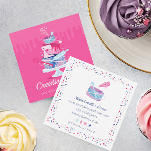 Roligt Colorful Pastry Cakes Bakery & Verktyg Rosa Fyrkantigt Visitkort
