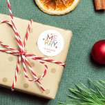 Roligt Colorful Typography Merry Family Namn Runt Klistermärke<br><div class="desc">Försegla dina helgdag med stil med hjälp av vår "Merry"-dekal. Det visar färgstark typografi,  din familj namn och året för personlig beröring.</div>