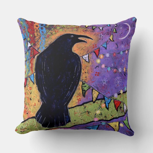 Roligt Colorful Whimsical Raven Bird Dekorativ kud Kudde (Framsida)