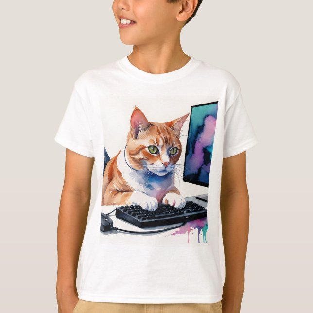 Roligt Coola Cat Computer Gaming Animal Humor T Shirt (Framsida)