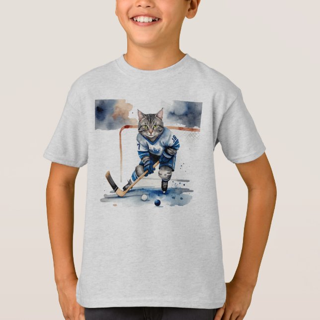 Roligt Coola Cat Hockey Player Animal Humor T Shirt (Framsida)