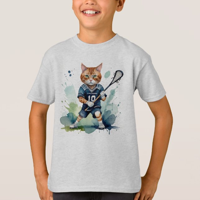 Roligt Coola Cat Lacrosse Player Animal Humor T Shirt (Framsida)