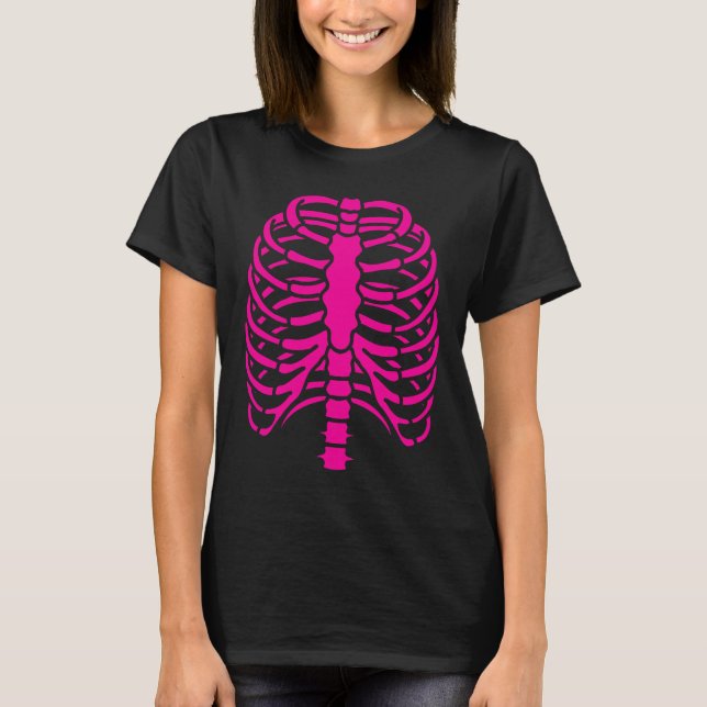 Roligt Coola Rosa Skeleton Rib Cage Halloween T Shirt (Framsida)