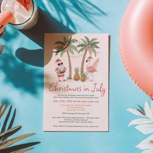 Roligt Coola Tropical Santa Flamingo jul i juli Inbjudningar (Fun Cool Tropical Santa Flamingo Christmas in July Invitation)