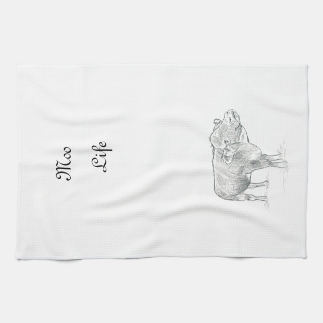 Roligt Cow Black and White Teckning |Mobil Life Kökshandduk (Horisontell)