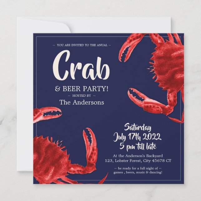 Roligt Crab Boil Mörk blått Summer Party Anpassnin Inbjudningar (Framsida)