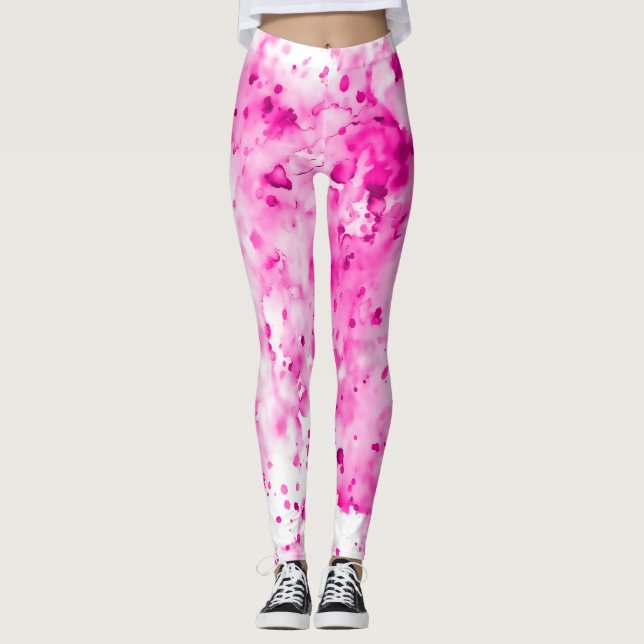 Roligt, Cute, Artsy Shock rosa Paint Splatter Leggings (Framsida)