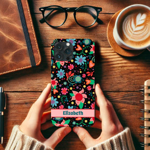 Roligt Cute Blommigt Hearts Inspirief Black Mönste