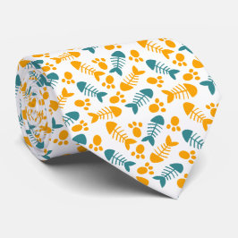 Roligt, Cute Cat Tass och Fish Bone Mönster Slips