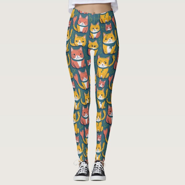 Roligt Cute Colorful Kawaii Kattunge Gult Cats Mön Leggings (Framsida)