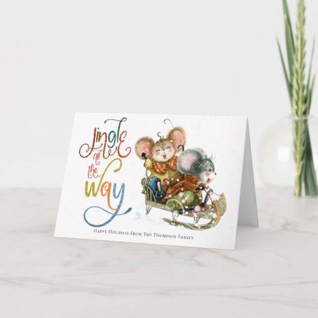 Roligt Cute Mice Sleigh Jingle hela vägen Glitter Helgkort (Framsida)