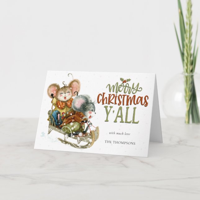 Roligt Cute Mice Sleighing God jul Y'All Namn Helgkort (Framsida)