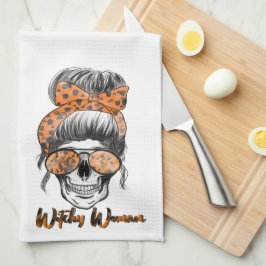 Roligt Cute Witchy Women Orange Black Halloween Kökshandduk