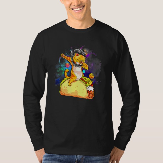 Roligt Dabbing Cat Astronaut in Space Riding Taco  T Shirt (Framsida)