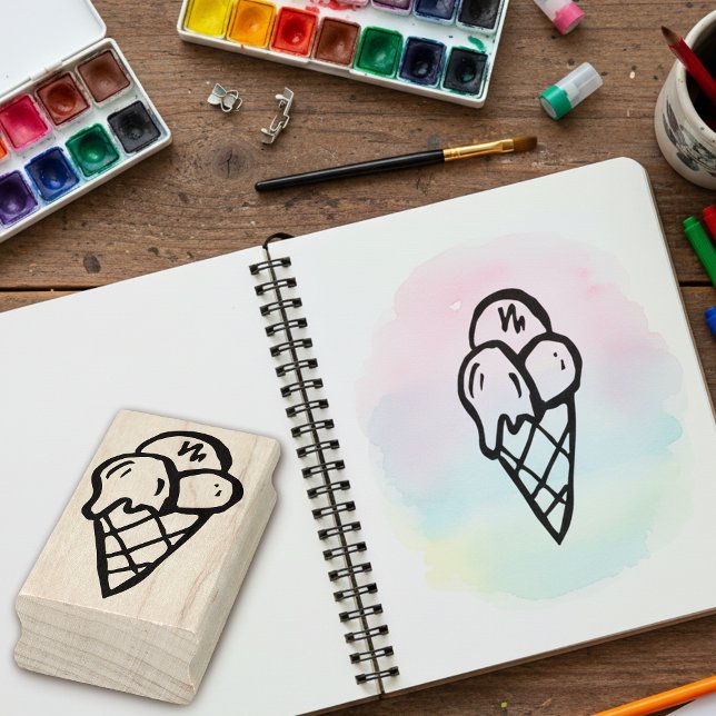 Roligt Dessert Ice Cream Cone Wooden Art Frimärke Stämpel (Ice cream art stamp for crafts and creative projects.)