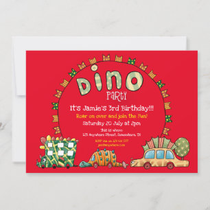 Roligt Dino Cars och Flaggor Boys Dinosaur Party R Inbjudningar