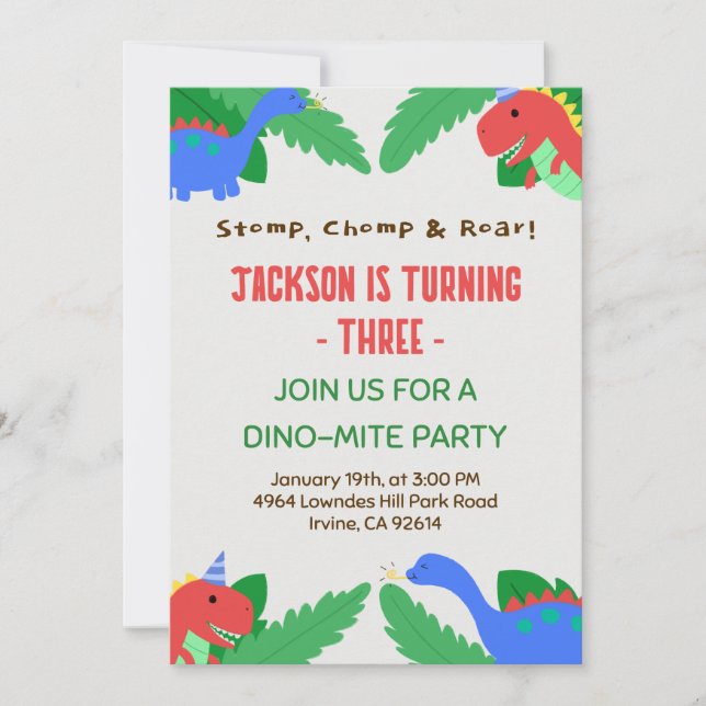 Roligt Dino Party-mall för barn Inbjudningar (Framsida)