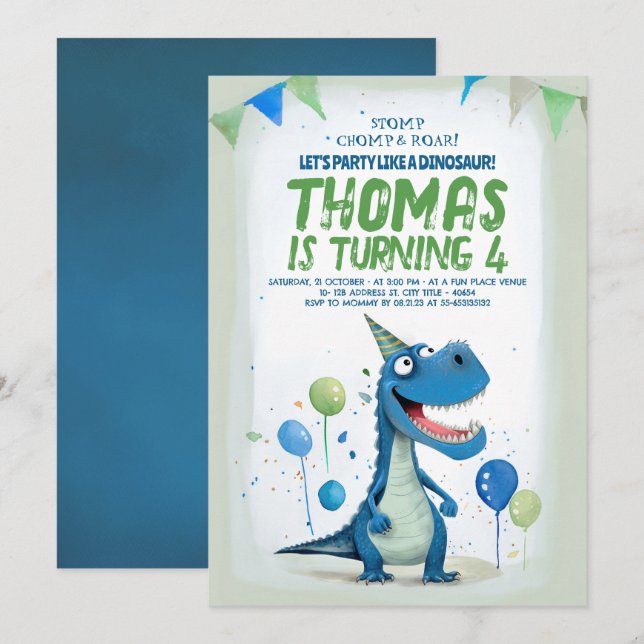 Roligt Dinosaur Blue och Grönt Birthday Inbjudningar (Fram/baksida)