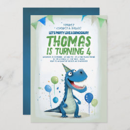 Roligt Dinosaur Blue och Grönt Birthday Inbjudningar