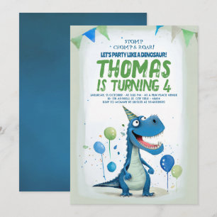 Roligt Dinosaur Blue och Grönt Birthday Inbjudningar
