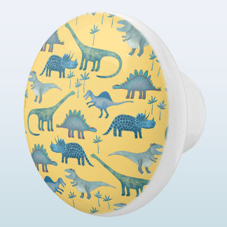 Roligt Dinosaur Mönster Blue Gult Knopp
