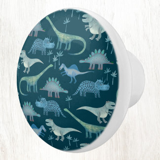 Roligt Dinosaur Mönster Blue Teal Grönt Knopp