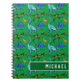Roligt Dinosaur Mönster Kids Grönt Namn Anteckningsbok