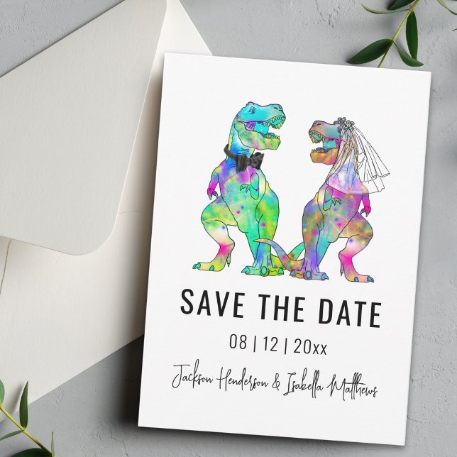 Roligt dinosaurie-tema bröllop spara datumet (Funny T-Rex bride and groom Dinosaur wedding save the date Colorful vibrant psychedelic dino)