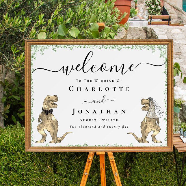 Roligt dinosaurie-tema bröllop välkomna poster (Dinosaur wedding welcome poster signage watercolor greenery elegant script funny T-Rex bride & groom)