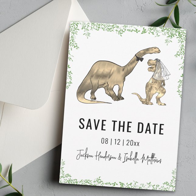 Roligt dinosauriebröllop Grönt Spara Datum Datumet (Funny T-Rex bride Brontosaurus groom Dinosaur wedding save the date Watercolor foliage)