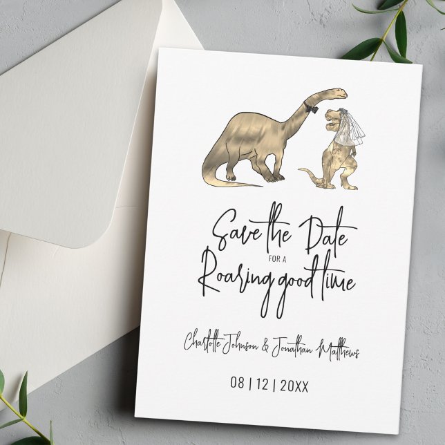 Roligt dinosauriebröllop Spara datum Datumet (Funny T-Rex bride and Brontosaurus groom Dinosaur wedding save the date for a roaring good time card)