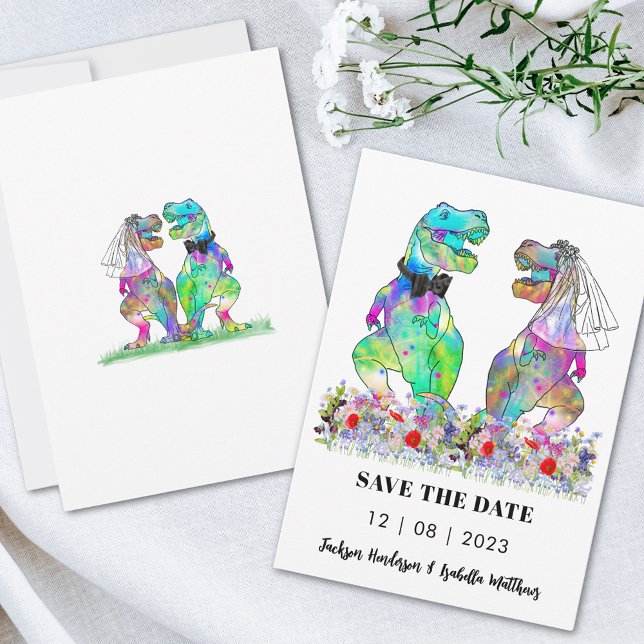 Roligt dinosauriebröllop spara datumet (T-Rex bride and groom colorful wildflower meadow funny wedding save the date invitation )