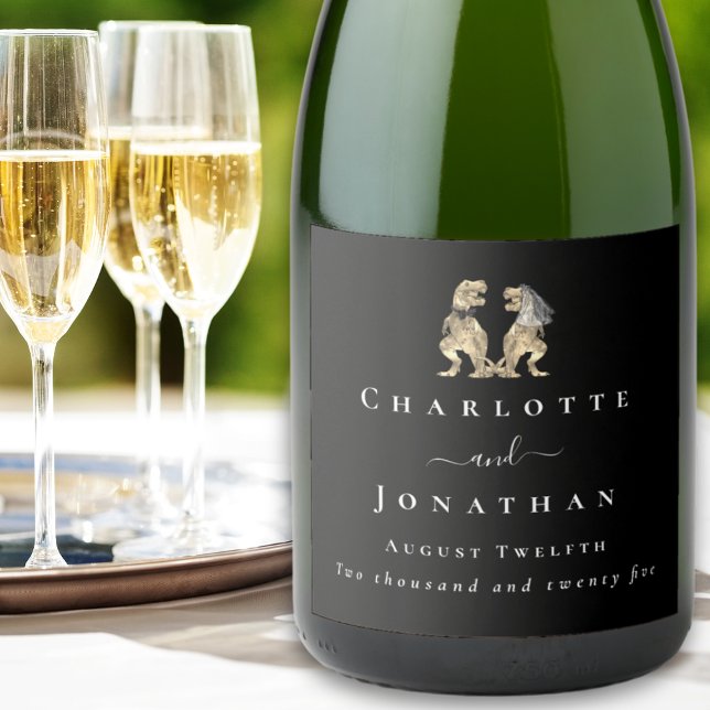 Roligt dinosauriebröllop Svart & Vitt Anpassat (Dinosaur wedding funny T-Rex bride & groom elegant Modern script custom black & white wine labels)