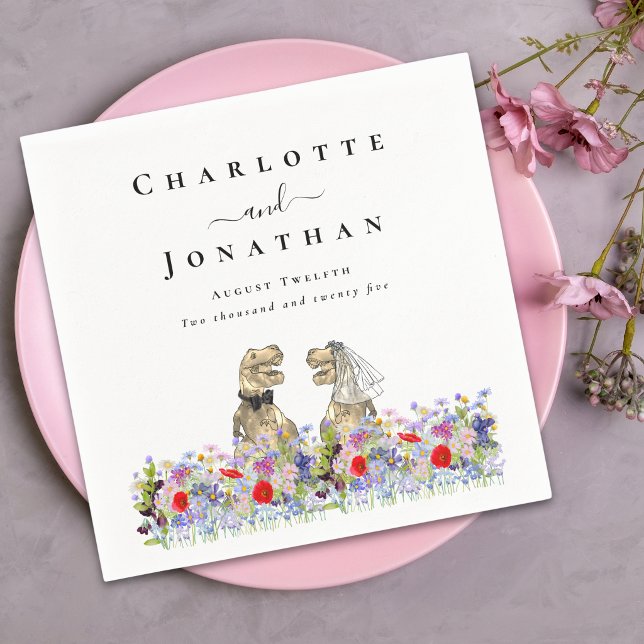Roligt dinosauriebrud & -brudgum Anpassad bröllops Pappersservett (Funny dinosaur bride and groom custom wedding napkins watercolor wildflower florals)