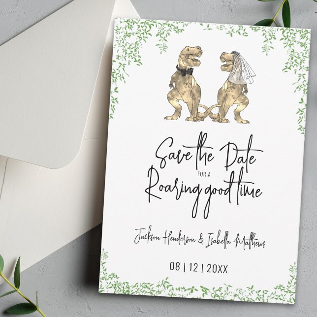 Roligt dinosauriebrud och -brudgum på bröllop spara datumet (Funny dinosaur bride and groom roaring good time wedding save the date invitation)
