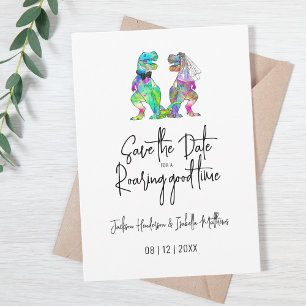 Roligt dinosauriebrud och -brudgum på bröllop spara datumet