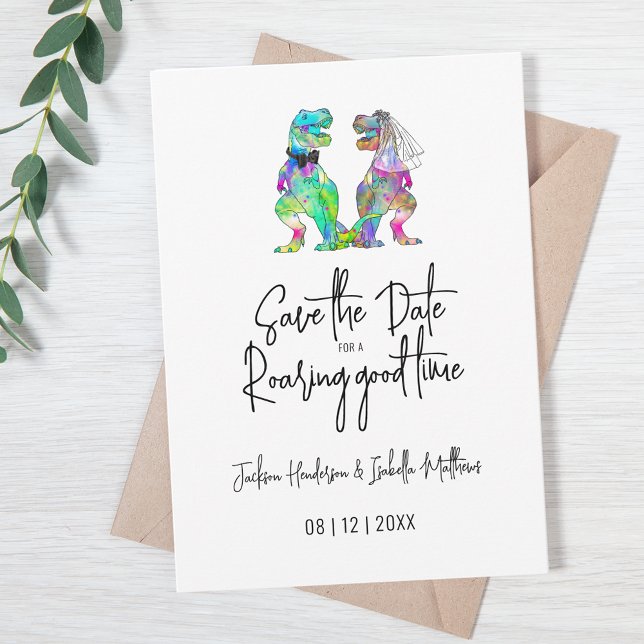 Roligt dinosauriebrud och -brudgum på bröllop spara datumet (Funny dinosaur bride and groom wedding save the date invitation for a roaring good time quote)