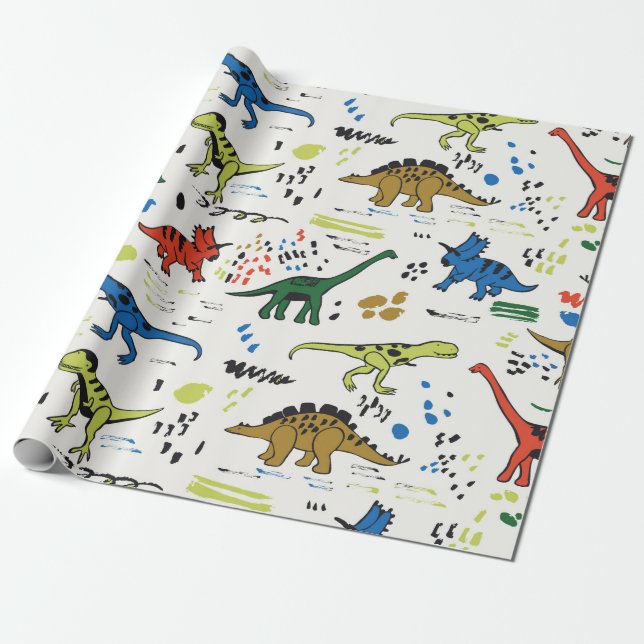 roligt dinosaurier-grafik färg mönster presentpapper (Utrullad)