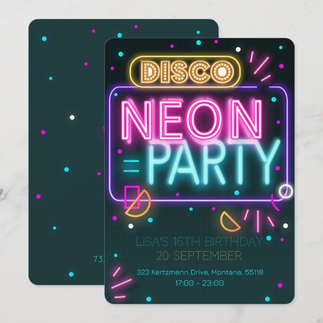 Roligt Disco Neon 16:e partiinbjudan Inbjudningar (Fram/baksida)