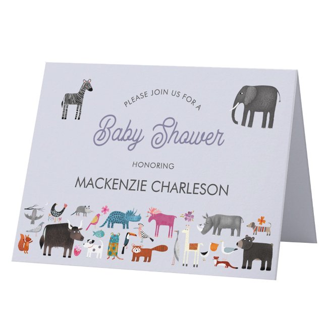 Roligt Djurbabyskor Inbjudan (Animal personalized baby shower invitation, with safari, jungle, wild, zoo & pet animals and birds)