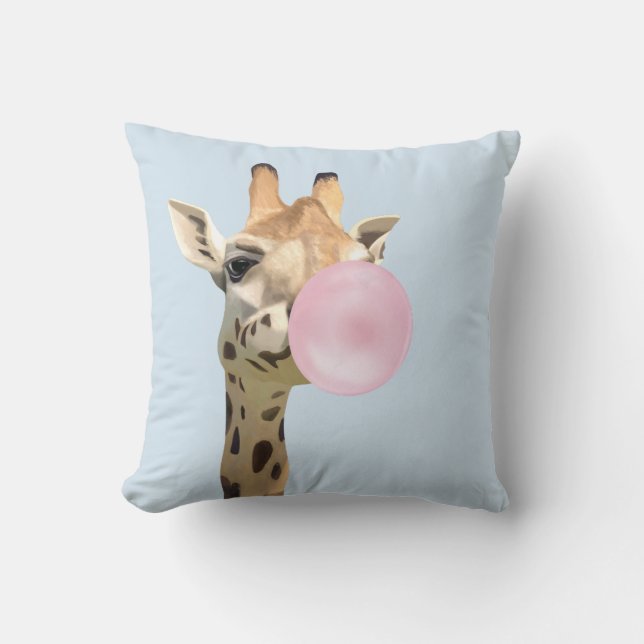 Roligt Djurdesign Rosa Bubblegum Blowing Giraffe Kudde (Framsida)