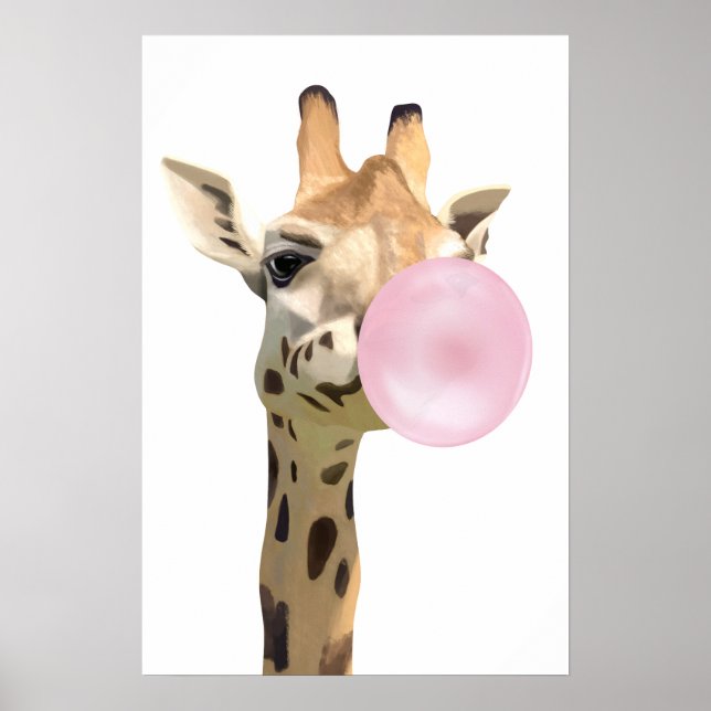 Roligt Djurdesign Rosa Bubblegum Blowing Giraffe Poster (Framsidan)
